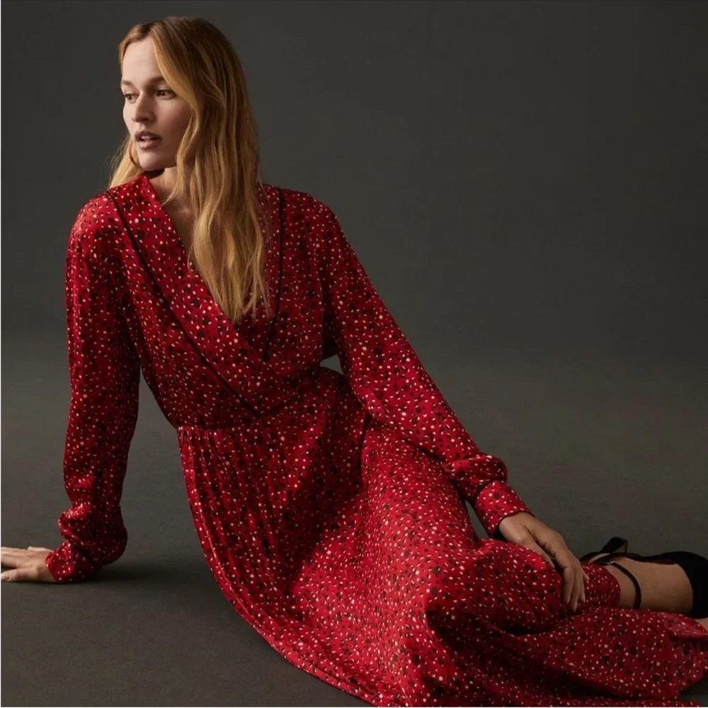 Scotch & Soda Anthropologie Rouge Red Floral Print pleated maxi Dress NWT $220